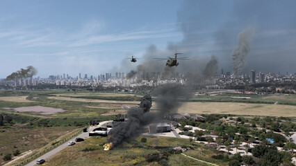 3d rendering, Large city under massive attack with destroyed buildings, aerial
Drone view over Tel...