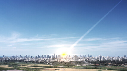3d rendering, Asteroid or missile attack over city, aerial view, Tel aviv
Drone view over cityscape bombarded by meteor or atomic missile bomb, israel
3d illustration