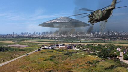 3d rendering, Massive ufo Flying saucer hovering over destroyed city Aerial view
Drone view over Destroyed tel aviv city with alien spaceship, alien invasion concept
