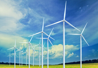 Energy and ecology, Wind turbines, Eolic park. Green ecological power energy generation. Wind farm...