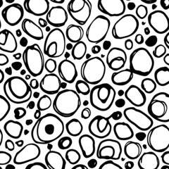 Fototapeta premium Circular doodles vector seamless pattern. Hand drawn vector ink background. Abstract fizzy water background. Linear irregular bubbles. Black ink circles. Stylish monochrome doodles. Blots and dots.