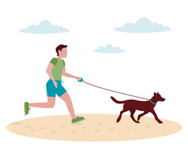 Man with a dog on a leash runs along the beach. Vector graphic.	
