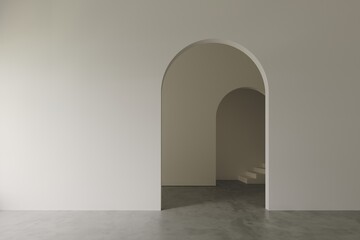 3D render empty white room with arch wall design and concrete floor, corridor with stair, perspective of minimal design. Illustration - obrazy, fototapety, plakaty
