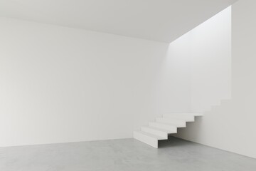 3D render empty white room with stair, concrete floor perspective of minimal design. Illustration