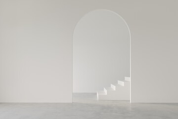 3D render empty white room with arch door wall design and concrete floor, corridor with stairs, perspective of minimal design. Illustration - obrazy, fototapety, plakaty