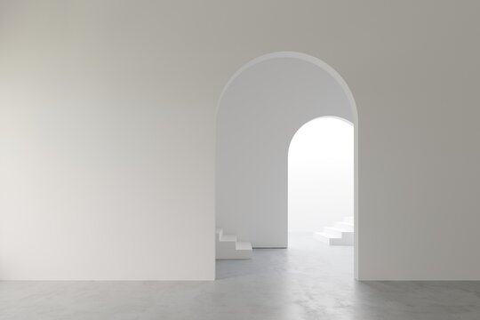 3D render empty white room with arch door wall design and concrete floor, corridor with stairs, perspective of minimal design. Illustration
