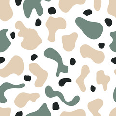 Fototapeta na wymiar White seamless modern pattern with green abstract spots. Minimalist repeating print flat for printing on fabric, wallpaper and packaging.