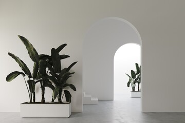 3D render empty white room with arch door, concrete floor,decor with palm plants corridor with stairs, perspective of minimal design. Illustration