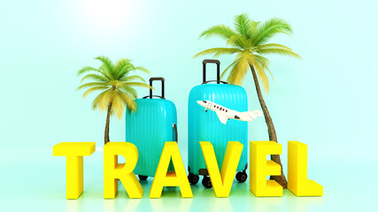 Travel yellow suitcase on the beach surrounded by travel text, hat, palm leaves. Planes in the sky. Travel concept. 3D Rendering.