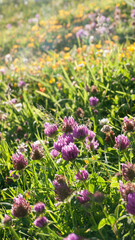 Flores silvestres púrpuras y amarillas en ladera de hierba
