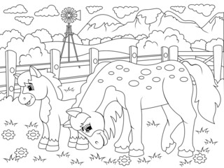 Stable, two horses graze in the agricultural yard, farm. Raster, page for printable children coloring book.