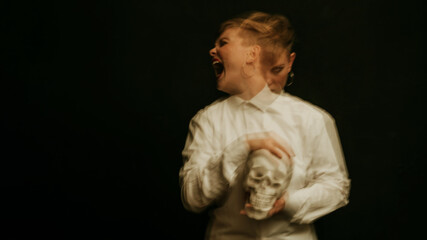 woman is a psychopath with schizophrenia and mental disorders. Portrait of a paranoid girl with a...