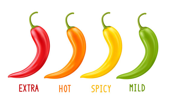 A set of four hot chili peppers, different colors, red, yellow, orange and green. Spiciness level, mild; spicy, hot, extra. Element for packing.