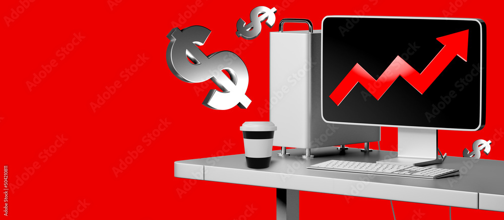 Aufkleber table with computer. businessman's desk. arrow in monitor shows growth of profit. concept of investm