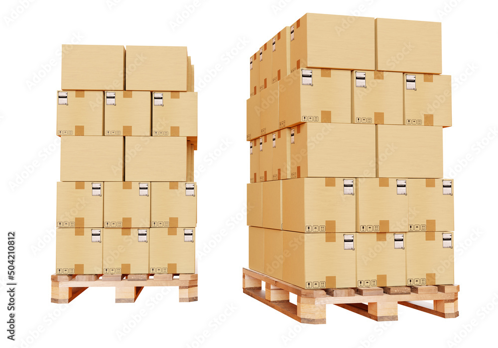 Poster boxes with goods on pallets. identical boxes with stickers for accounting. concept of cargo transpor