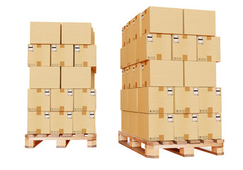 Boxes with goods on pallets. Identical boxes with stickers for accounting. Concept of cargo...