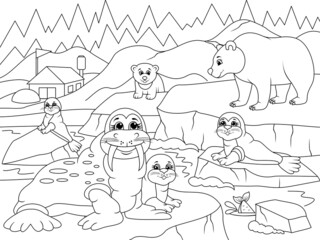 Obraz premium North Pole landscape and wild animals. Vector page for printable children coloring book.
