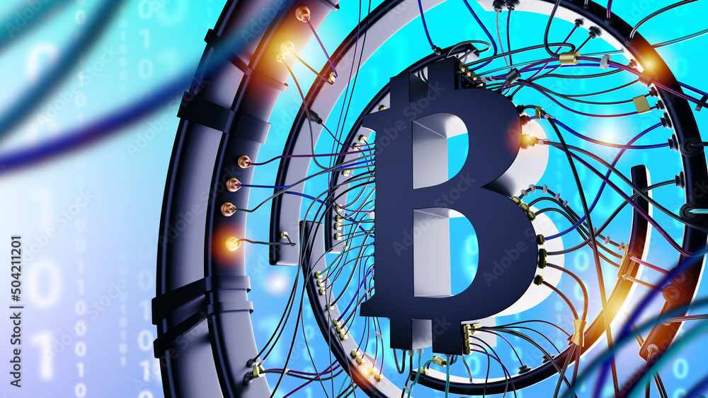 Poster bitcoin wallet. crypto wallet logo on blue. letter b with many electrical wires. using bitcoin walle