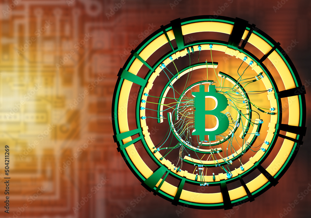 Poster bitcoin mining. cryptocurrency generation technologies. cryptocurrency symbol with wires. bitcoin ex
