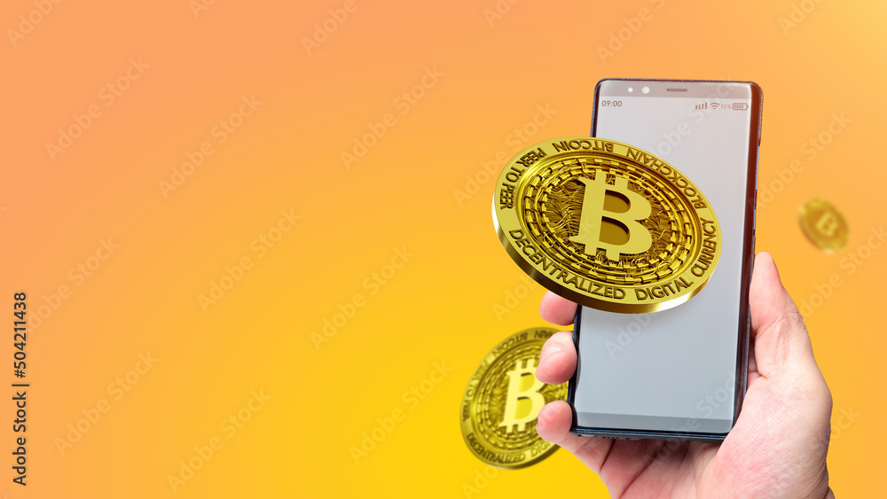 Poster bitcoin wallet. bitcoin coin in smartphone screen. phone with crypto wallet app. app for using bitco