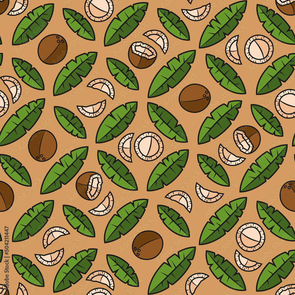 Poster seamless pattern with palm leaves and coconuts. tropical vector background with isolated objects.
