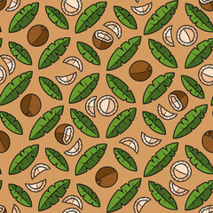 Seamless pattern with palm leaves and coconuts. Tropical vector background with isolated objects.