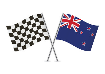 Checkered (racing) and New Zealand crossed flags, isolated on white background. Vector icon set. Vector illustration.