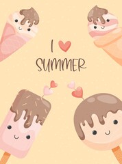 Summer ice cream cartoon characters card template, i love summer. Vector illustration in flat style for postcard, poster, graphics, greetings, souvenir products. 