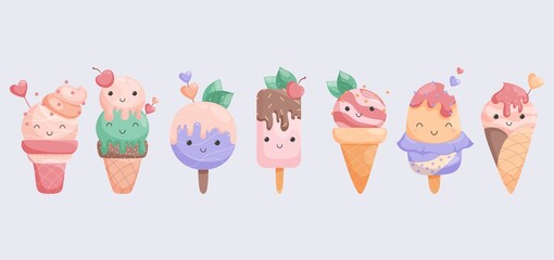 Summer set of cute ice cream characters. Sweet smiling ice cream with different tasties for kids designs and prints. Vector illustration in cartoon style. 