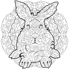 Spring rabbit on mandala. Coloring page for adult and children.