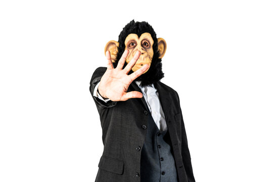 Monkey man making stop gesture showing his five fingers
