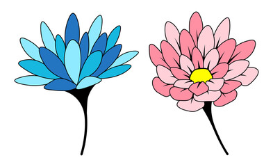 Flower blooming pink and blue cartoon plant isolated illustrations