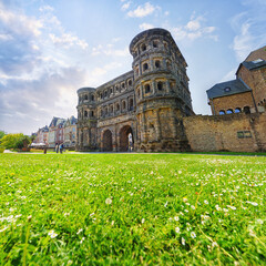  Amazing view of famous Porta Nigra (Black gate) - ancient Roman city gate in Trier, Germany. UNESCO.