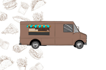 Food truck sketch food. Street food banner template. Hand drawn vector illustration. 