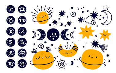 Stars, planets, zodiac signs collection. Astronomy vector set for kids. Constellation design elements and symbols isolated on white background. 