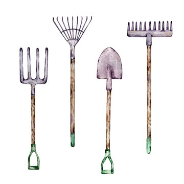 Watercolor set of gardening tools
