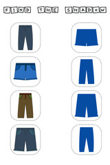 Find correct shadow with pants and shorts.  Kids educational game. 
