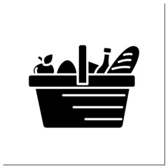 Shopping cart glyph icon. Full basket of food, grocery. Special offer or sale concept. Mobile retail store or supermarket. Online shopping. Filled flat sign. Isolated silhouette vector illustration