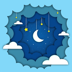 Half moon and stars on the night sky background in  paper cutout style