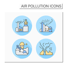  Air pollution color icons set. Smog, fire in woods, refinery emissions, factory chemical. Isolated vector illustrations
