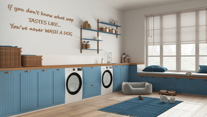 Pet friendly laundry room, space devoted to pets, mudroom in wooden and blue tones. Cabinets and shelves with washing machine and dryer. Dog bed, carpet and toys. Interior design