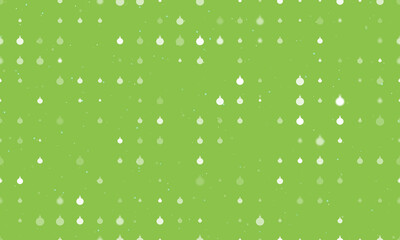 Seamless background pattern of evenly spaced white Christmas tree toys of different sizes and opacity. Vector illustration on light green background with stars