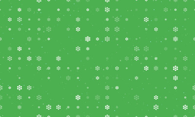 Seamless background pattern of evenly spaced white hive symbols of different sizes and opacity. Vector illustration on green background with stars