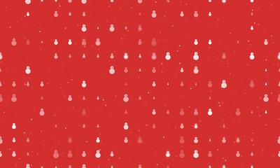 Seamless background pattern of evenly spaced white Christmas snowmans of different sizes and opacity. Vector illustration on red background with stars