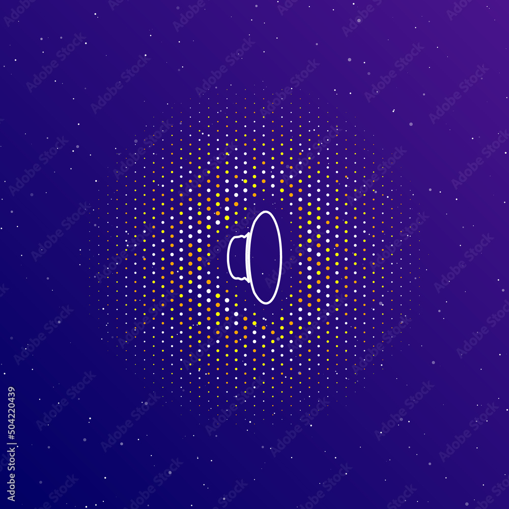 Poster a large white contour speaker symbol in the center, surrounded by small dots. dots of different colo