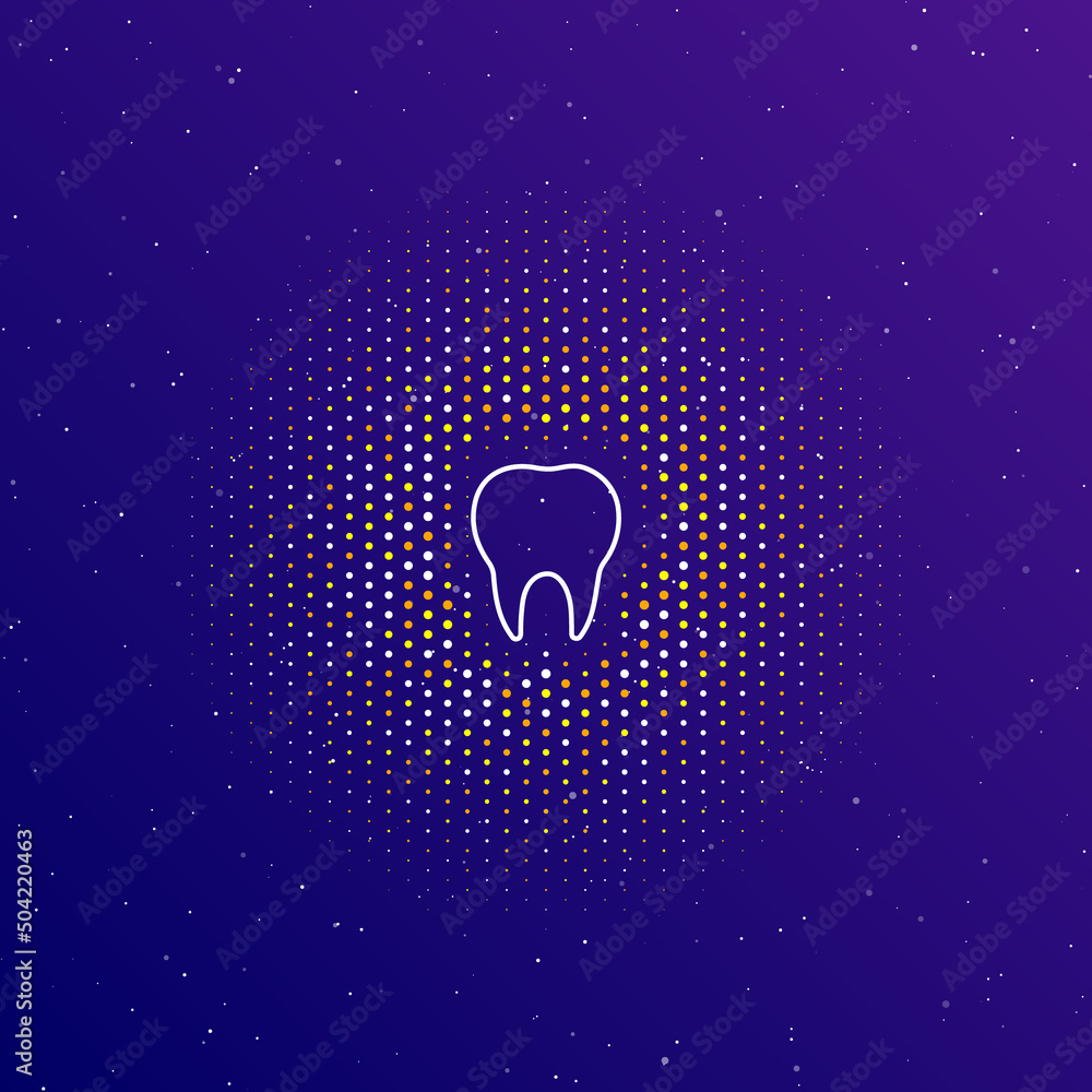 Poster a large white contour tooth symbol in the center, surrounded by small dots. dots of different colors