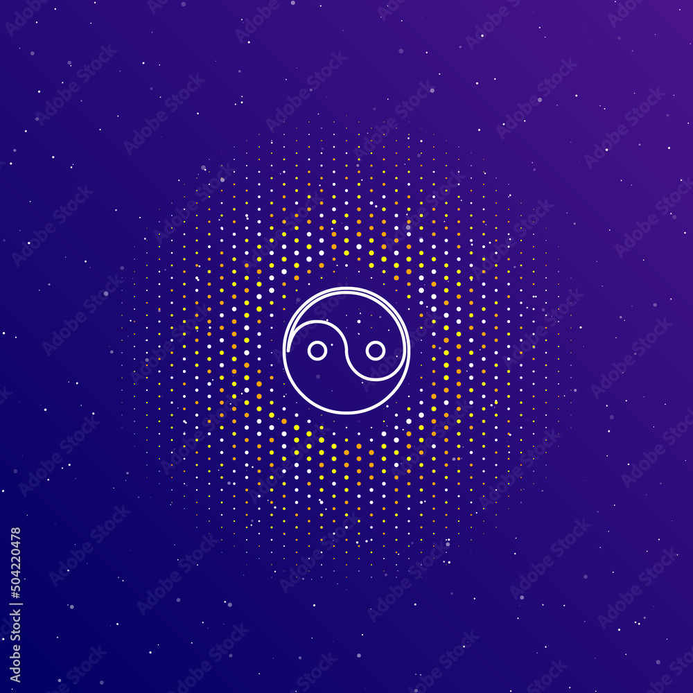 Poster a large white contour yin yang symbol in the center, surrounded by small dots. dots of different col
