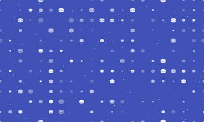 Seamless background pattern of evenly spaced white hockey pucks of different sizes and opacity. Vector illustration on indigo background with stars
