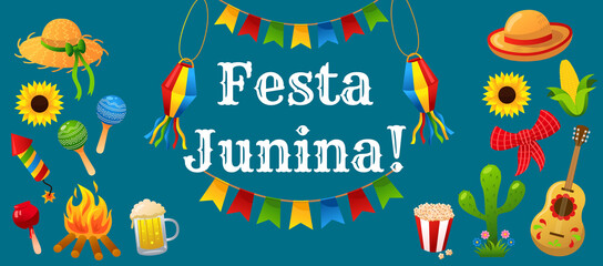 Festa junina horizontal background with traditional celebration symbols.Vector illustration for Latin American holiday. 