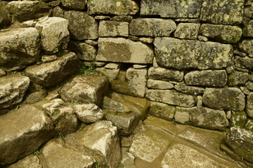 Ruins of the ancient Inca city machu picchu in fog, Peru